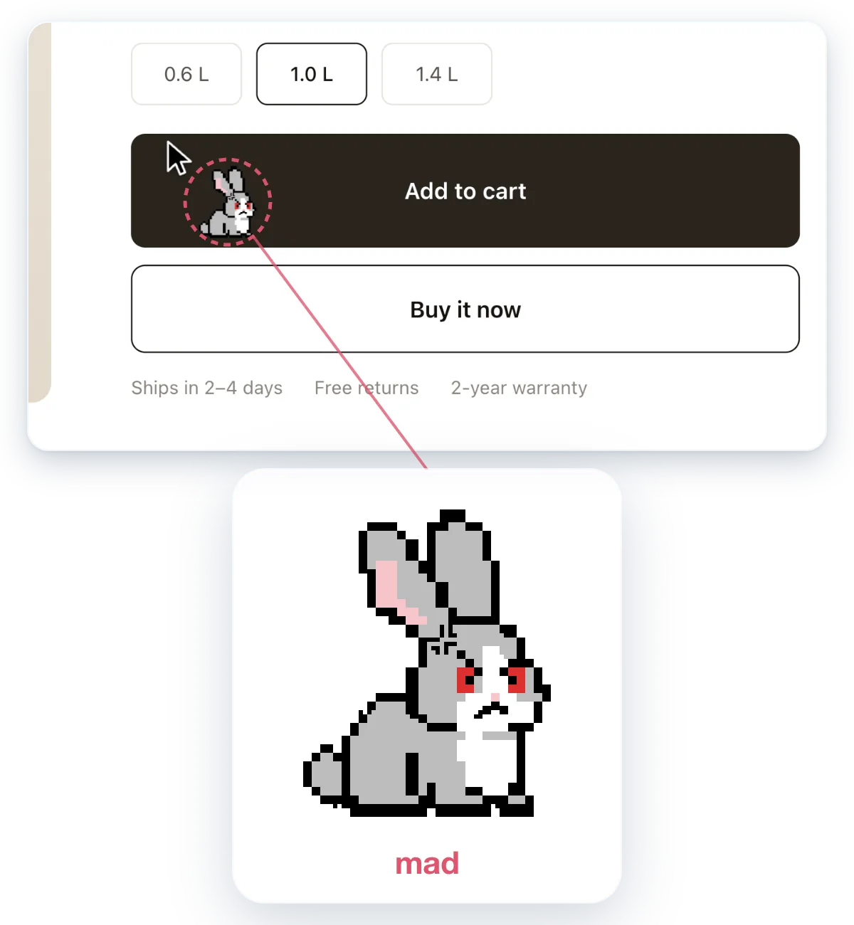 A store page with Buxie beside the cursor on the Add to Cart button, and a magnified view of her mad face