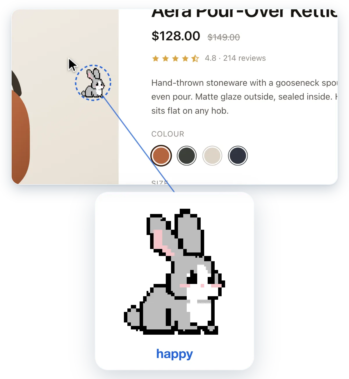 A product photo with Buxie beside the cursor, and a magnified view of her happy face