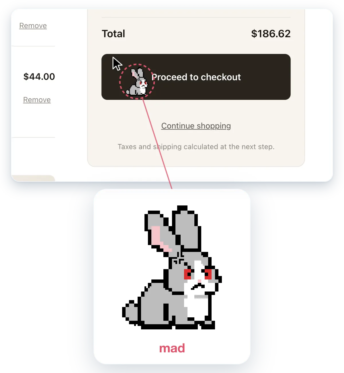 A cart page with Buxie beside the cursor on the Proceed to checkout button, and a magnified view of her mad face